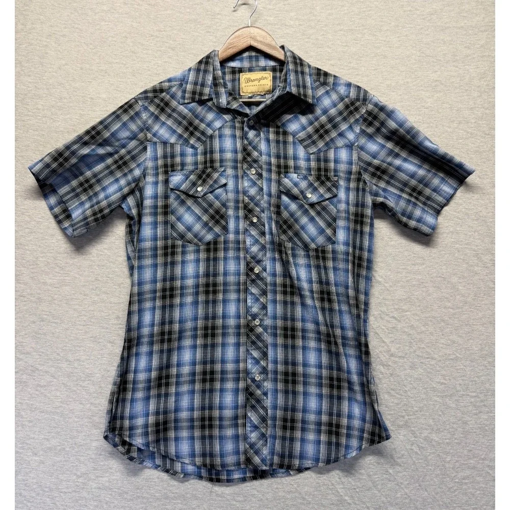 Wrangler Western Fashion Snap Shirt Mens Medium Blue Multi Plaid Pearl Snap Up‎